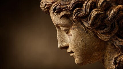 Close-up of a classical stone sculpture depicting a serene and contemplative female face with intricate curly hair and detailed craftsmanship