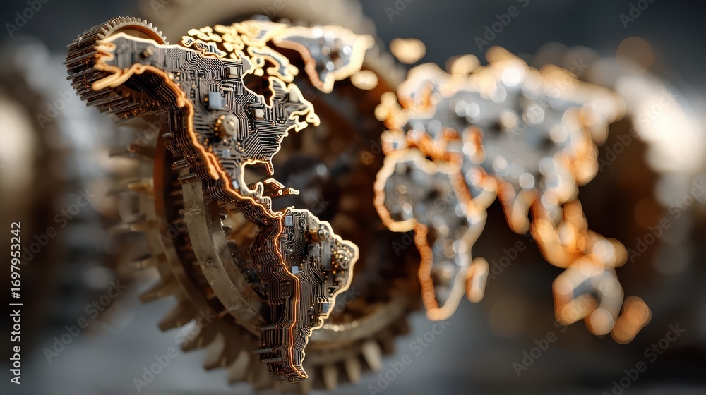 Poster a metallic globe design with gears, symbolizing technology and interconnectedness across continents.