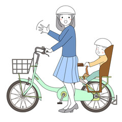 自転車で子供を保育園に送る主婦