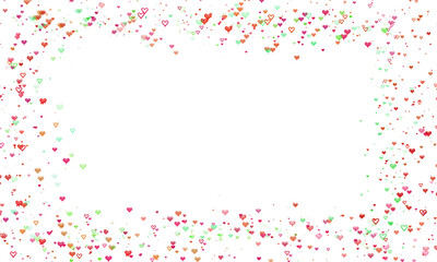 Festive frame of colorful, scattered hearts. A romantic confetti background ideal for a Valentine's Day card or as a border for a wedding invitation.