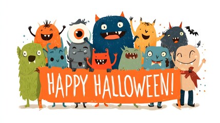 Smiling Monsters Holding a Halloween Banner