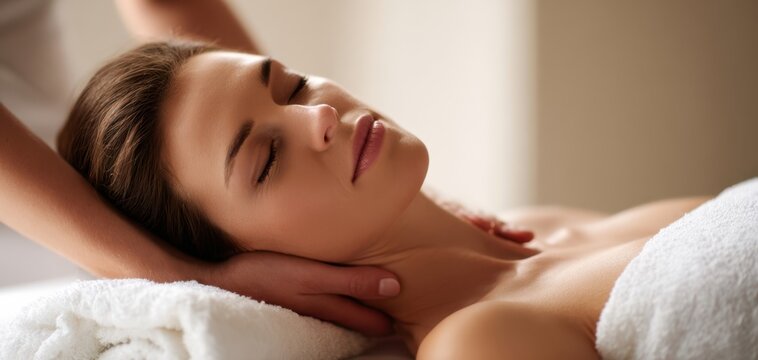 The woman receiving a relaxing spa neck and shoulder massage in a tranquil room - Powered by Adobe