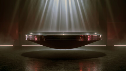Futuristic floating platform illuminated by dramatic spotlight beams