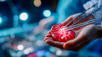 Surgeon hand holding kidney model with surgical instruments under bright operating light