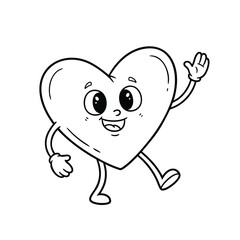 A cheerful and friendly cartoon heart character waving and walking happily in black and white line art.