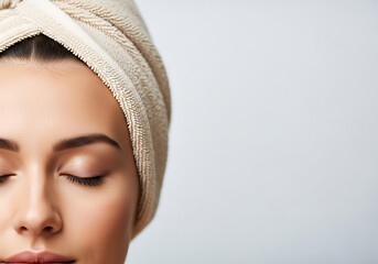 Serene spa moment woman with towel wrapped head eyes closed peaceful relaxation