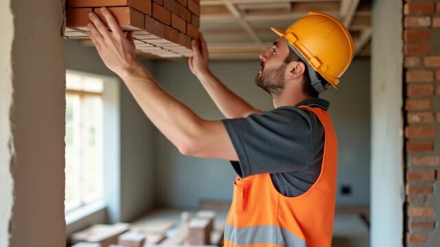 A builder on a construction site puts bricks in the house. Builder brickwork ventilation duct.