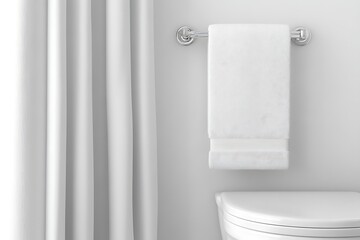 Clean, white bathroom scene with a towel rack, shower curtain, and toilet
