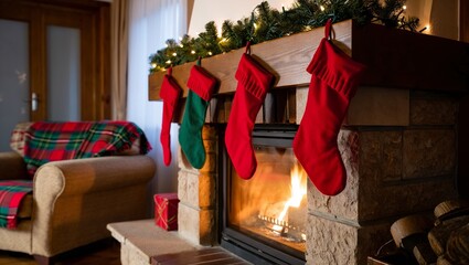 Christmas stockings hanging by fireplace in cozy living room