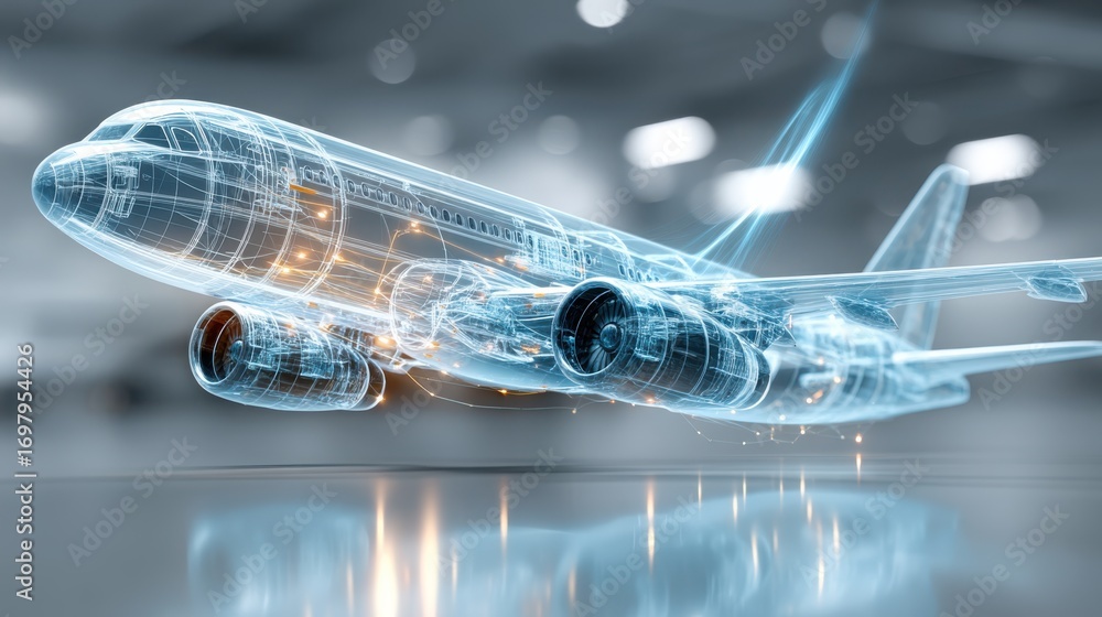 Poster a futuristic, holographic representation of an airplane taking off, showcasing its intricate enginee