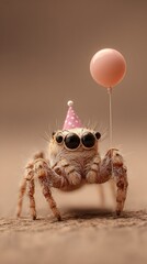 A Spider Wearing a Party Hat and Holding a Balloon