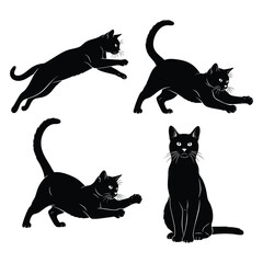 A collection of four illustrated black cat silhouettes in various dynamic and static poses.