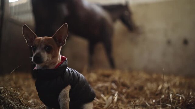 a dog in a stable next to a stallion