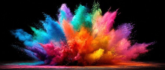 Vibrant explosion of colorful powder in midair with bright hues and dynamic movement on a black background for celebration and art photography