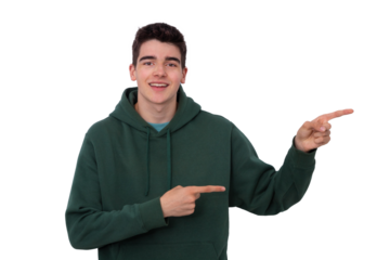 young teenager or student pointing cut out in background