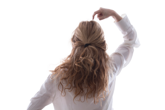 woman thinking with an expression of thought cut out in the background