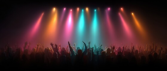 Vibrant concert scene with colorful stage lights illuminating a lively crowd of people dancing and enjoying live music performance at night