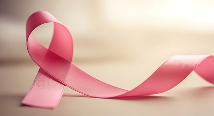 Close-up of a pink ribbon, the international symbol for breast cancer awareness, on a soft background.
