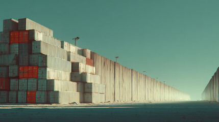 stack of containers morphing into high wall barrier to commerce concept dramatic angle illustration concept scene visual for commercial design use high detail quality stock image illustration concept 
