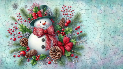 Soft-color Christmas scene: large snowman with red lace bow, holly, pine, berries, cones. Teal/lavender crackled background; watercolor, alcohol ink style. Christmas card