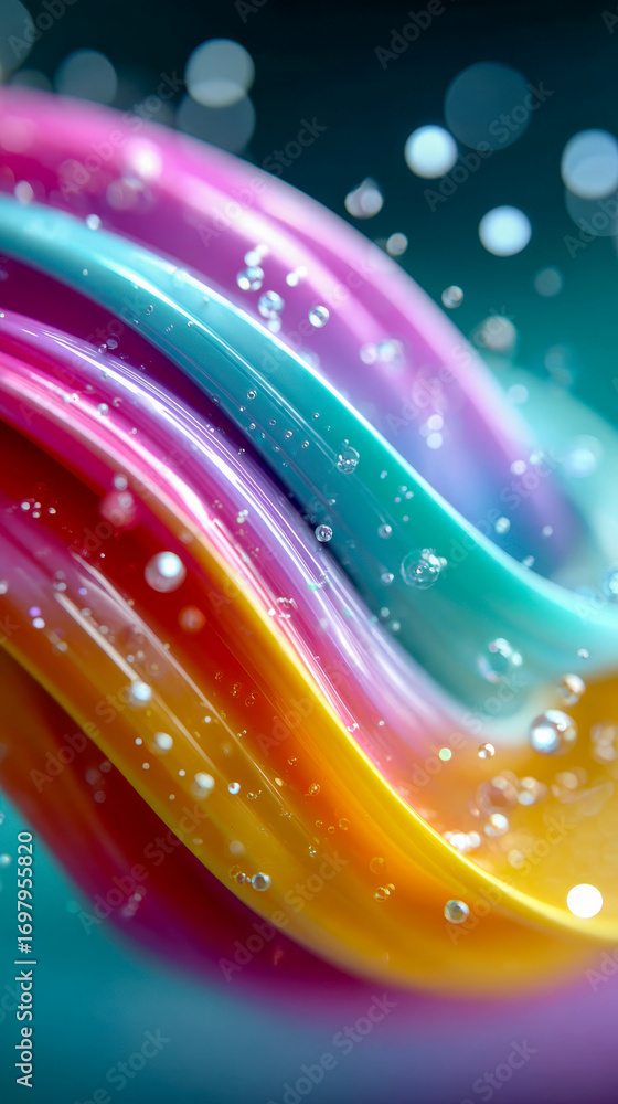 Poster dynamic macro of colorful fluid-like ribbons with water droplets and light reflections