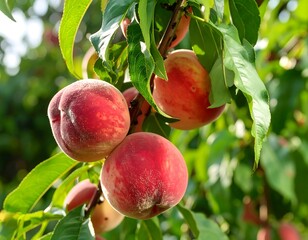 Peaches hanging on a tree branch