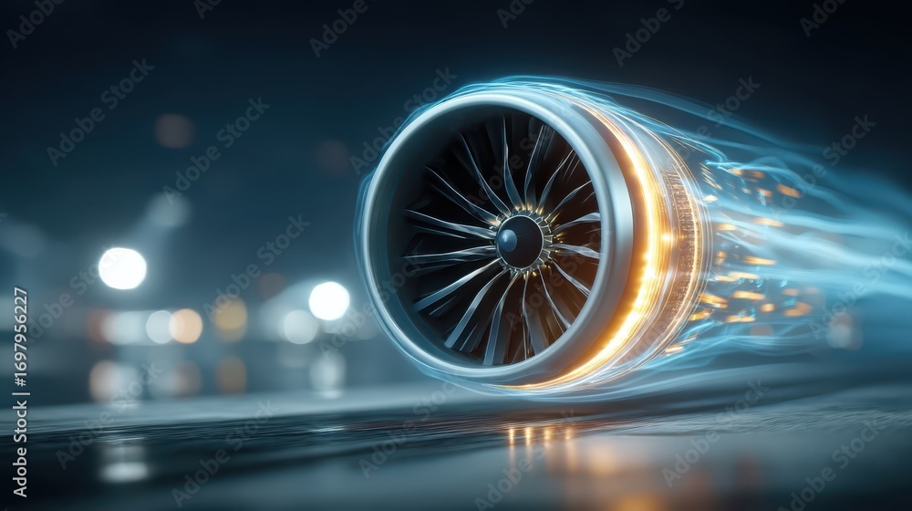 Poster a futuristic jet engine with glowing elements and motion blur, emphasizing speed and technology in a
