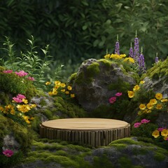 Wooden podium surrounded by lush greenery, featuring rocks, flowers, and plants. Perfect for product displays, presentations, and showcasing items within a natural setting