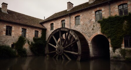 Obraz premium Abandoned Mill Complex with Water Wheel