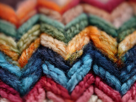 Close up of colorful chevron knit fabric with textured yarn and soft focus background
