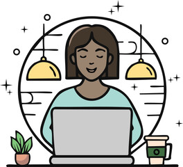 woman doing remote job with laptop and coffee dark tan skin women working digital nomad
