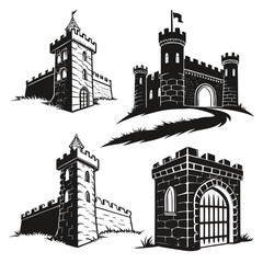 Fototapeta premium Collection of four silhouette illustrations of various medieval castles, each with unique architectural designs and fortifications, evoking a sense of history