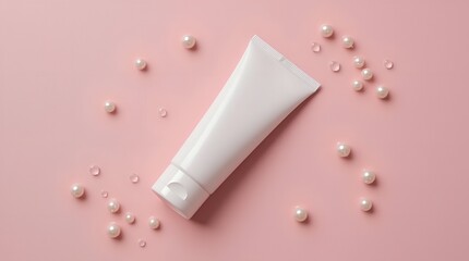 Elegant white cosmetic tube surrounded by shimmering pearls and delicate water droplets on a soft pink background, product mockup