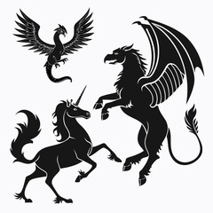 Mythical beasts featuring a phoenix, winged unicorn and hippogriff in black silhouette, perfect for fantasy art and heraldic design projects