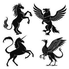 Heraldic beasts set featuring a horse, griffin, unicorn and harpy in black silhouette, perfect for medieval fantasy or heraldry designs and illustrations