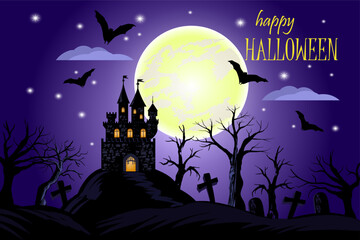 Halloween dark landscape. Night sky hunting house in moonlight. Vector background.