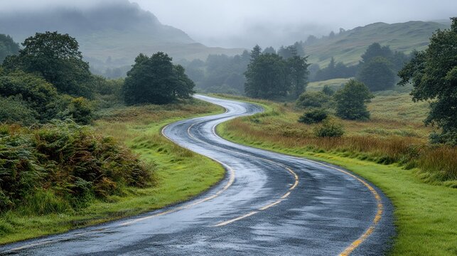 Winding road through misty countryside