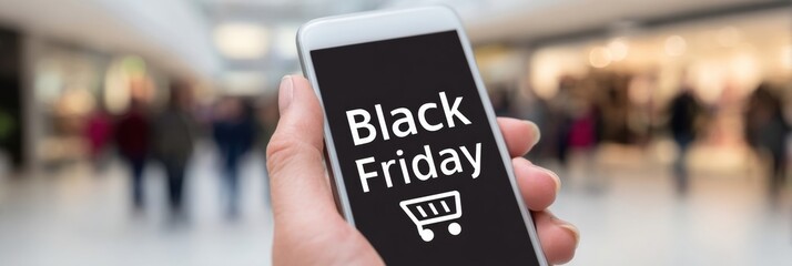 A hand clutches smartphone screen showing Black Friday, symbolic of consumer frenzy, digital seduction, Cyber Monday anticipation