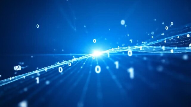 Blue digital landscape with binary code '0' and '1' hovering and light rays