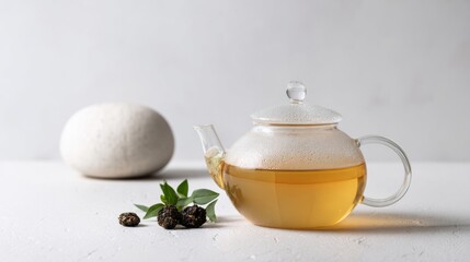 A delicate glass teapot with golden brew beside mysterious black tea buds, evoking serenity and Zen meditation