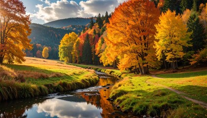Autumnal landscape with a winding stream reflecting trees