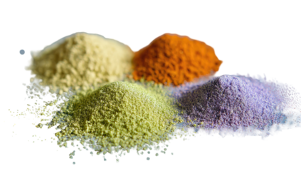 Four piles of colorful, powdered spice blends