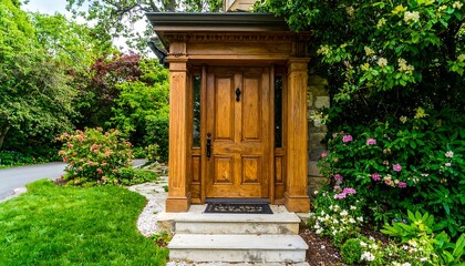 Ornate wooden door nestled in a lush garden