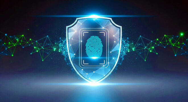 Cybersecurity fingerprint scanning inside a holographic shield, representing identity protection, insurance security, and fraud prevention