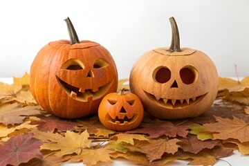 Three Carved Pumpkins on Autumn Leaves with Spooky Faces Against White Background