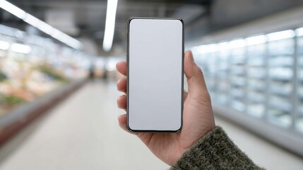Hand holding blank smartphone in grocery aisle, a digital canvas for Vegan Thanksgiving shopping, tech-savvy market browsing