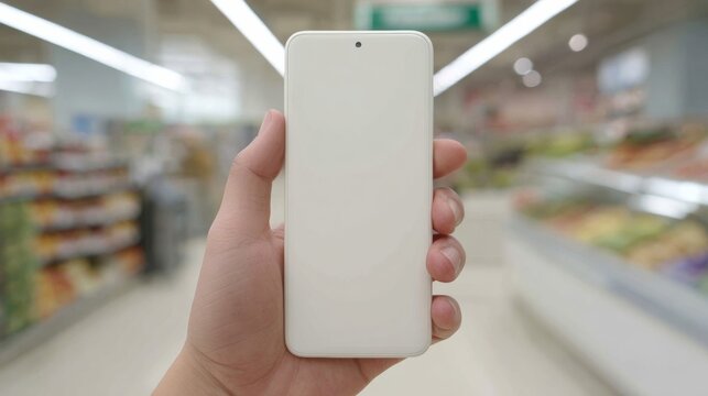 A hand clutching a blank phone screen in a bustling market, symbolizing digital detox and National Simplicity Day