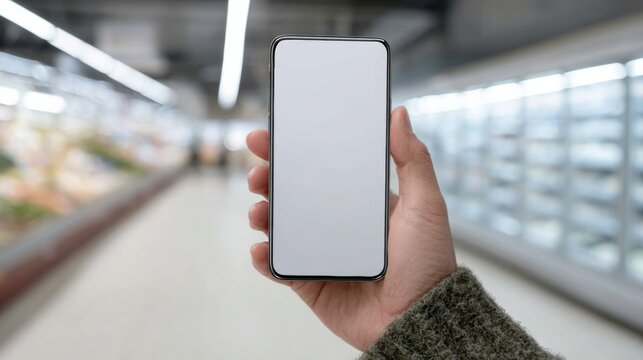 Hand holding blank smartphone in grocery aisle, a digital canvas for Vegan Thanksgiving shopping, tech-savvy market browsing