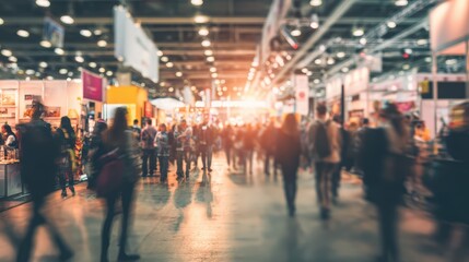 Busy indoor trade show or exhibition hall with diverse crowd and vibrant lighting du daytime event