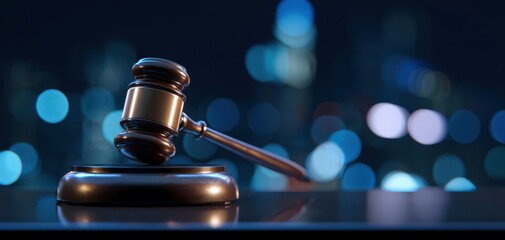The Gavel Resting on a Sound Block Against a Blurred City Bokeh Background